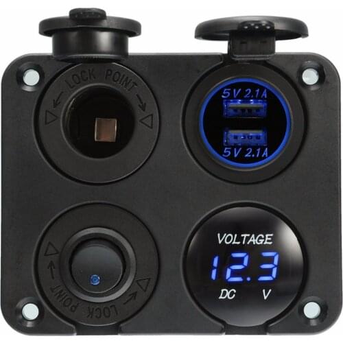 Dual USB Socket Charger 2.1A+2.1A + 12V Power Outlet +NO-OFF Switch+ LED Voltmeter 4 in 1 Charger Panel for Car Motocycle