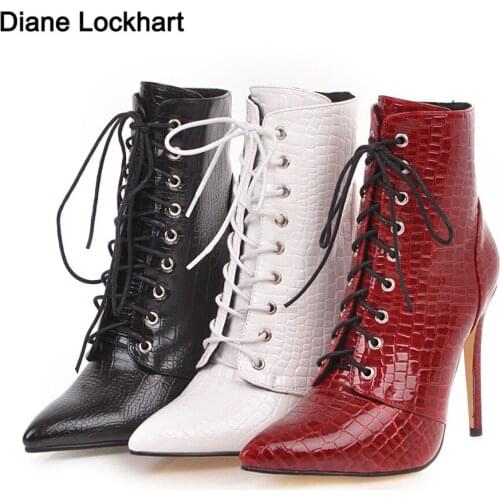 2021 Luxury Women Boots 10cm Thin High Heels Fetish Stripper Booties Burgundy Crocodile Print Ankle Boots Pointy Shoes 34-43