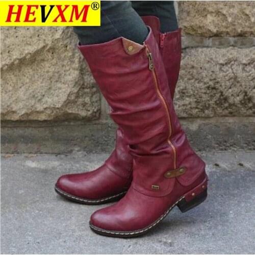 Women Cowboy Knee Boots Punk Boots Western Arch Support Winter Warm Shoes Low Thick Heel Side Zippper Booties Long Shoe Winter