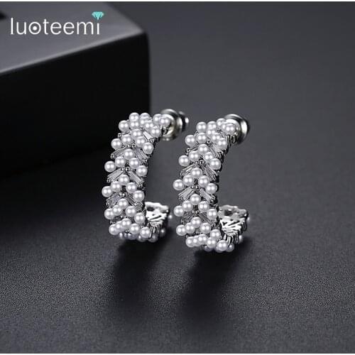 LUOTEEMI Stud Earrings White Imitation Pearls Clear CZ Stone Hoop Earring Fashion Jewelry for Women Wedding Christmas Gift