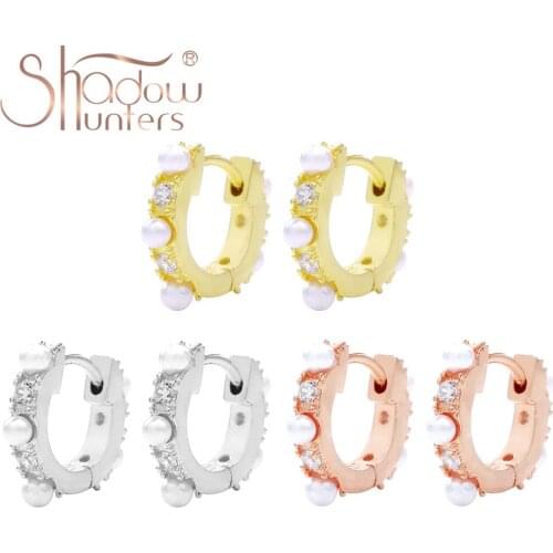 SHADOWHUNTERS Real 100% 925 Sterling Silver Pearl Huggies Earrings With Clear CZ For Women High Quality Silver 925 Jewelry