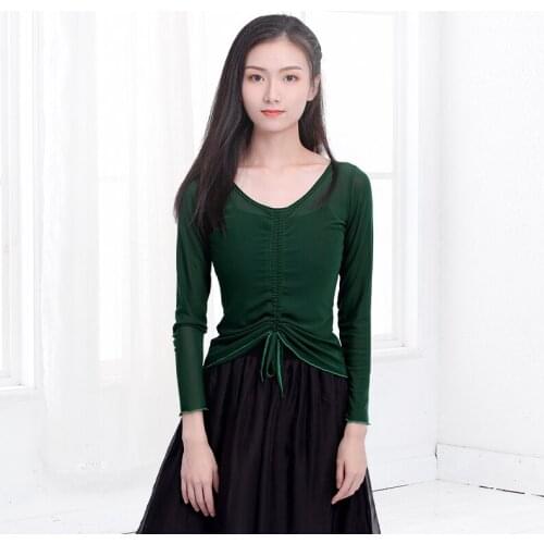 Teen Women Mesh Tops Drawstring Ballet Dance Overall Long Sleeve Adults Girls Dance Tops Transparent Blouse Ballet Outfit