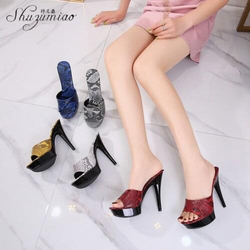 Large Size Womens Shoes Striptease Snakeskin Print 13 15 CM Super High Heel Slipper Sexy Bar Party Club Show Pole Dance Shoes
