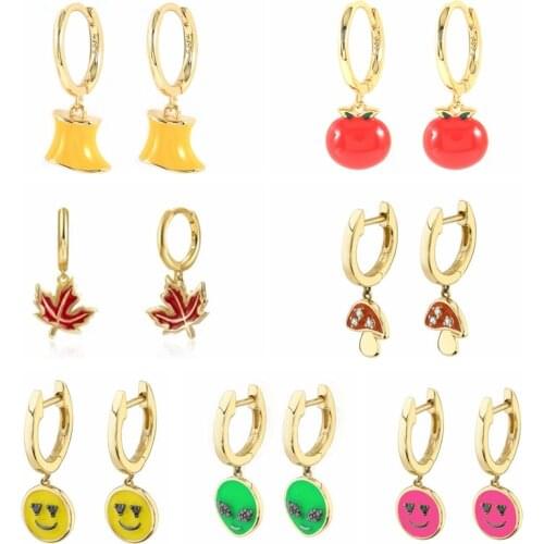 CANNER 2021 Trend Vintage Enamel Earrings Pendientes 925 Sterling Silver Mini Mushroom Smile Apple Maple Leaf Earrings For Women