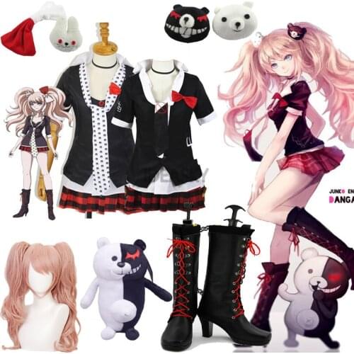 Dangan Ronpa Danganronpa Enoshima Junko Cosplay Wig Pink Long Wavy with Ponytail Clip Heat Resistant Wig Bear Hairpins Costume