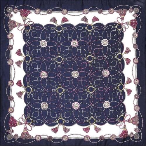 POBING 100% Silk Scarf Woman Chain Tassels Print Square Scarves Luxury Bandanas Small Hijab Foulards Lady Tie Headband 53x53CM