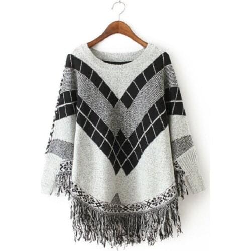 Womens plaid Knit Tassel Fringed Pullover Poncho Sweater Cape Shawl Wrap