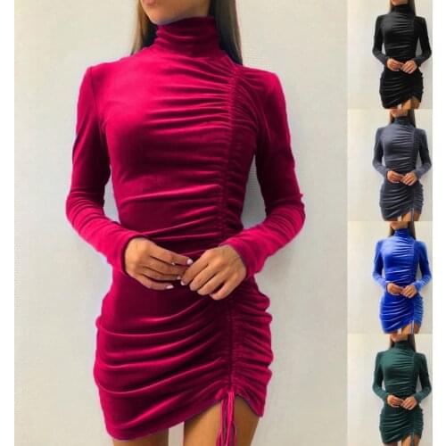 Turtleneck Blue Velvet Long Sleeve Drawstring Ruched Winter Dress Women Elegant Party Mini Bodycon Dresses