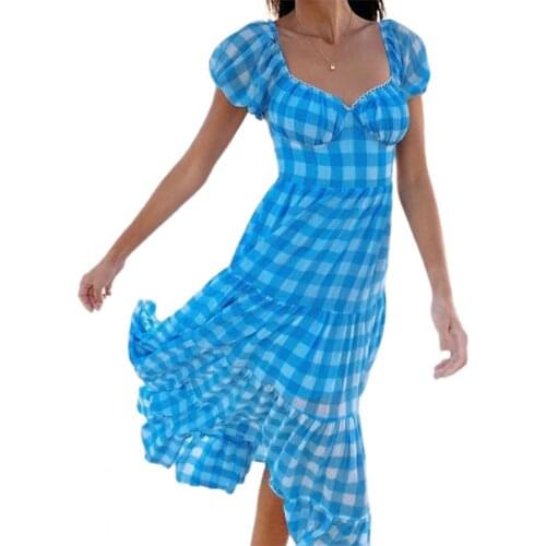 Summer Women Dress Elegant Plaid Puff Sleeve Long Dress Mid-calf Backless Tie Up Casual Dress Vacation Vestidos
