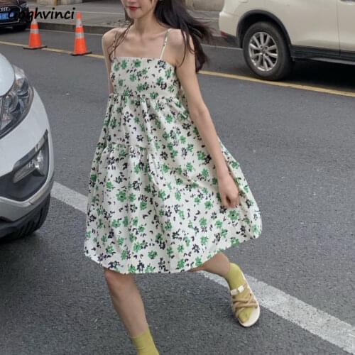 Sleeveless Dress Women Slash Neck Backless Off Shoulder Knee-length Sweet Printed Loose Waist Spaghetti Strap Dresses Vintage