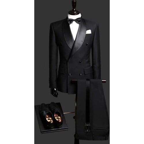 2020 Double-Breasted Black Groom Suit Mens Weddings Prom Suits Retro Shawl Lapel Groomsmen Tuxedos (Jacket+Pants)