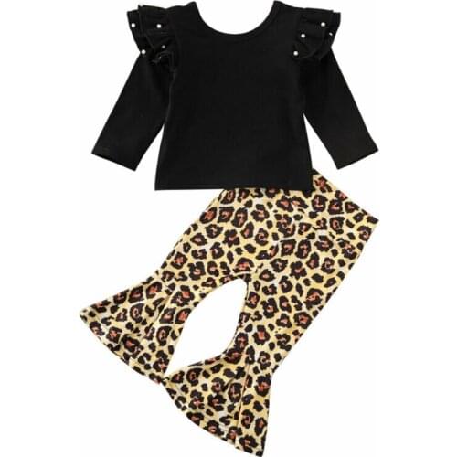 2020 Toddler Baby Girl Clothes Knitted Ruffle Long Sleeve Tops T-Shirt +Leopard print Leggings Pants 2pcs Outfitst