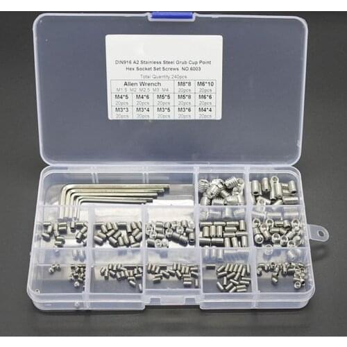 240Pcs Grub Screw Cup Point Hex Head Socket Set M3x3 M3x4 M3x5 M4x4 M4x5 M4x6 M5x5 M5x8 M6x6 M6x10 M8x8 Hex Key Wrench Stainless