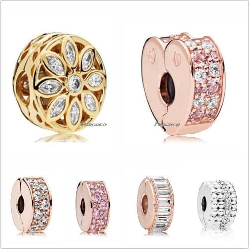 Authentic 925 Sterling Silver Gold Color Shine Leaves Snowflake Clip Lock Stopper Bead Fit Pandora Bracelet & Necklace Jewelry
