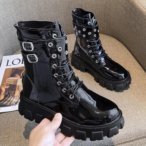 Boots Female British Style Autumn New Thick-Soled All-Match Motorcycle INS Zip Cross-tied Round Toe Square Heel Botas Altas Muje
