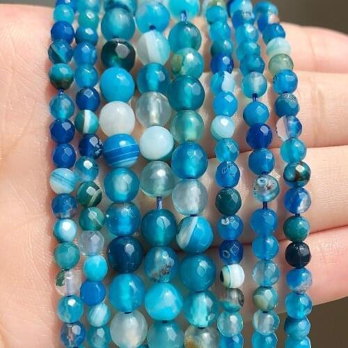 Wholesale Faceted Blue Striated Agata Onyx Round Loose Beads For Jewelry Making 15" Pick Size 4/6/8/10/12mm