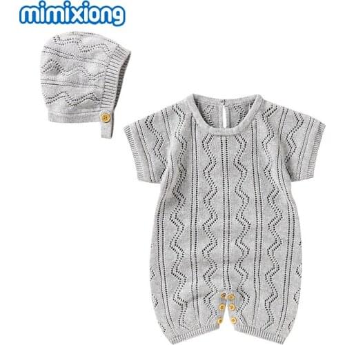 Summer Baby Rompers Clothes Fashion Solid Short Sleeves Rompers Caps 2pcs Sets for Newborn Boys Girls Cotton Jumpsuits Costumes