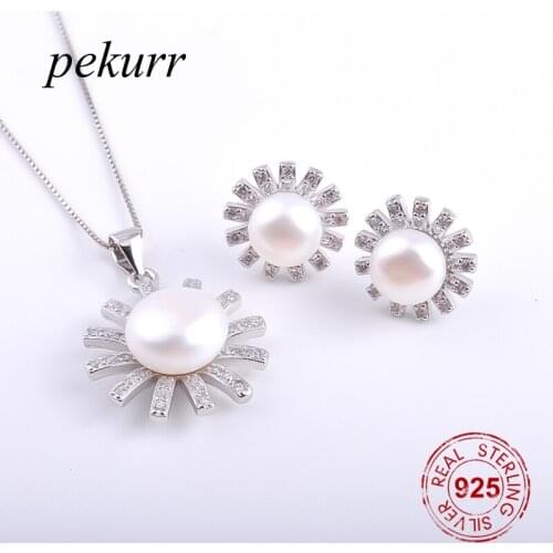 Pekurr 925 Sterling Silver 12 Zircon Round Gear Freshwater Natural Pearl Earrings Necklace Sets For Women Flower Pendants Sets