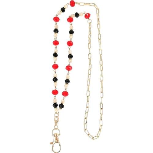 Womens Fashion Red Glass Beads Lanyards with ID Holder Name Clip Lanyard Chain Keys ID Name Badge Card Holder