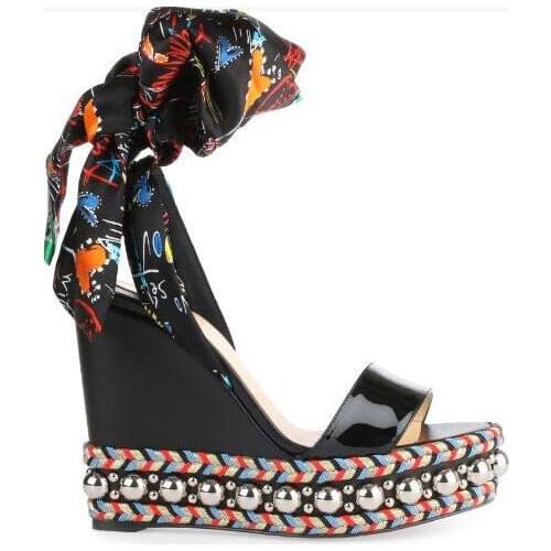 Summer New Woman Black Floral Ribbons Lace Up Platform Sandal Shoes Female Beads Studs Rope Braided Sole Gladiator Sandals