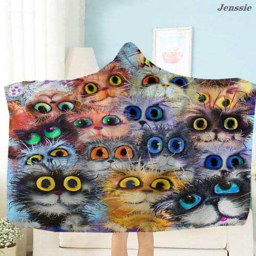 Fried Hair Cat Print Wearable Blanket Soft Warm Hooded Blanket Big Eye Cat Print Sofa Blanket Adult Children Cover Blanket