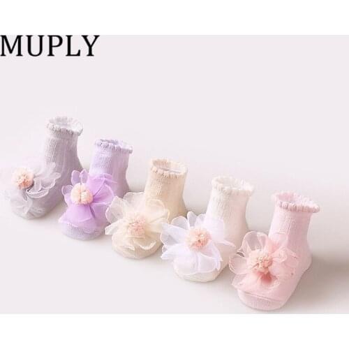 Soild Lace Flower Infant Baby Socks Cotton Soft Girls Non-slip Ankle Socks Spring Kids Infant Toddler Knee Mid Socks Sokken 0-2Y