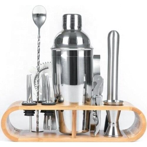 Custom 350ML 550ML 750ML Cocktail Shaker Bamboo Wood Stand Bar Tools Accessories