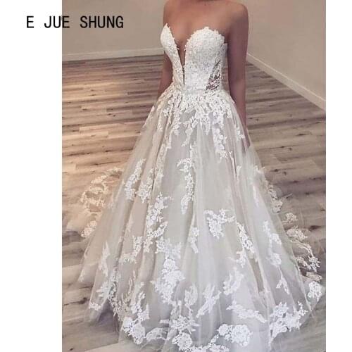E JUE SHUNG Romantic Sexy Wedding Dresses Sweetheart Sleeveless Appliques Bridal Gowns Backless Bride Dresses robe de mariee