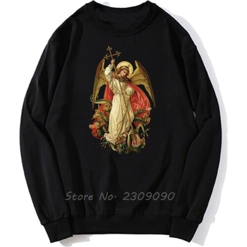 Saint Michael Destroy The Devil Catholic Christian Hoodies Men Pullover Fleece Sweatshirts Hoodie Hip Hop Harajuku Streetwear