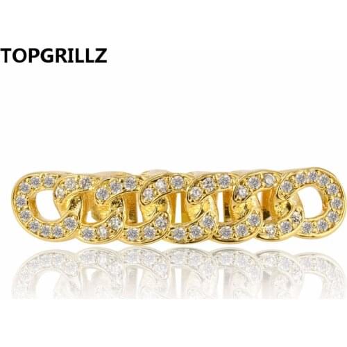 TOPGRILLZ Cuban Link Grillz Pure HQ Gold Color Plated Hip Hop Bottom Teeth Grills Flooded with CZ Stones Tooth Grill For Gift