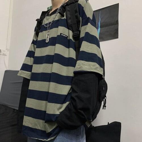 Harajuku streetwear fake two-piece womens t-shirt 2021 spring Korean new high street striped loose long-sleeved clothing trend