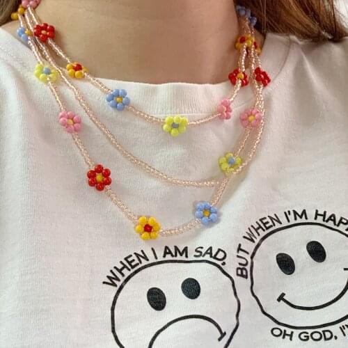 Vintage Multi Layer Rainbow Flower Pendant Necklace For Women Beads Colorful Cute Fashion Charm Harajuku Choker Necklace Jewelry