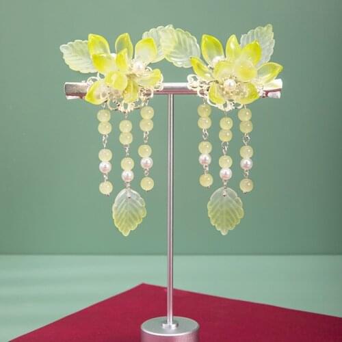 2 pcs Green Flower Hair Clip Girl Tassel Hair Clips Hairpin HanfuTraditional Headdress Handmade Hair clip