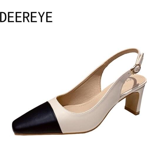 New Mix Color Block Low Heeled Sandals Single 2021 Women Pumps Pointed Toe Slingback Buckle Office Shoes Designer Brands Luxury
