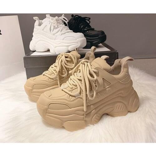 Womens Chunky Sneakers 2021 Fashion Woman Platform Shoe Lace Up PU Leather Breathable Vulcanize Shoes Footwear Female Trainers