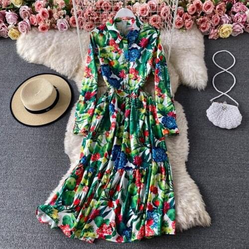 Fashion Designer Tropical Jungle Flower Print Ruffles Shirt Dress Women Long Sleeve Peter Pan Collar Buttons Green Midi Dress