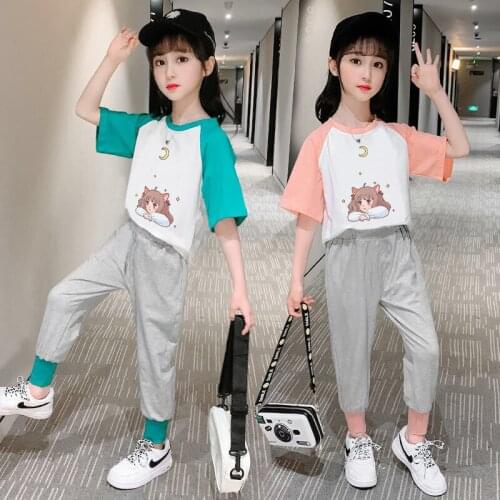 2020 Girls Clothing Sets Short Sleeve Shirts + Long Pants Baby Kids Sport Girl Clothes Children Tracksuit Teen 6 8 10 12 14 Year