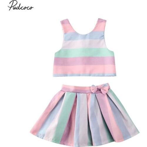 2020 Infant Baby Girls Clothes Colorful Striped Vest Tops Bow Tutu Princess Skirts Party Outfits Summer 2pcs Party Outfits