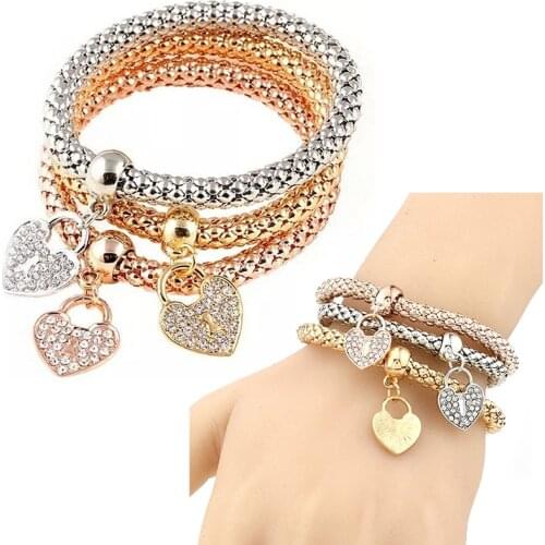 3 Pcs/Set Crystal Owl Crown Metal Charm Bracelets&Bangles Rose Gold Color Elephant Heart Pendant Rhinestone Bracelet Women 18cm
