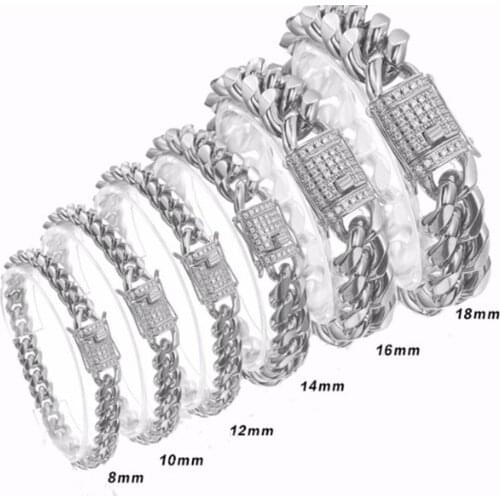 8/10/12/14/16/18MM CZ Clasp Stainless Steel Silver Color Miami Curb Cuban Link Chain Mens Womens Bracelet Bangle 7-11" Optional