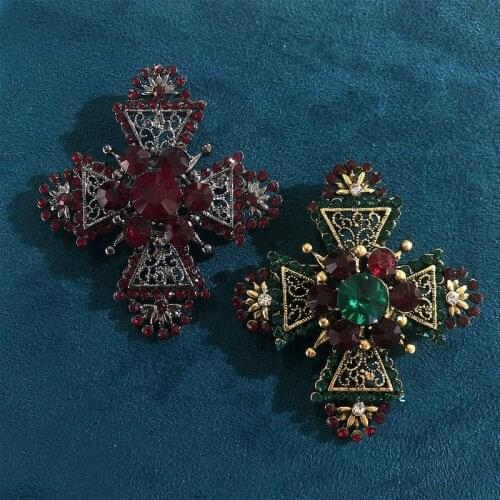 Muylinda Baroque Cross Brooch Pin Metal Big Red Rhinestone Brooches For Women Vintage Pins Clothes Scarf Clip Jewelry