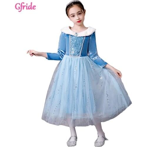 Winter Girls Snow Queen Costumes For Kids Long Tulle Dress Grown Wands Gloves Children Christmas Holiday Party Dress Blue 2-10 T