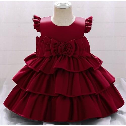 Baby Girl Red Party Dress Satin 3 Layers Flower Gown Princess Ballgown Dress Infant 1 Year Birthday Dress Baptism Vestidos