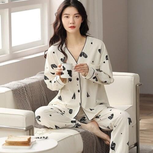 Print V Neck Elegant Pajamas For Women New Autumn Winter Lounge Wear Sleepwear Set Cotton Long Sleeve Ladies Pijamas Home Suit