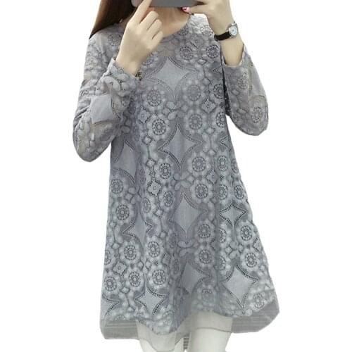 Plus Size 3XL 4XL Lace Shirt Chiffon Spring Autumn New Fashion Women Blouses Medium Long Section O-Neck Long-Sleeved Slim Top