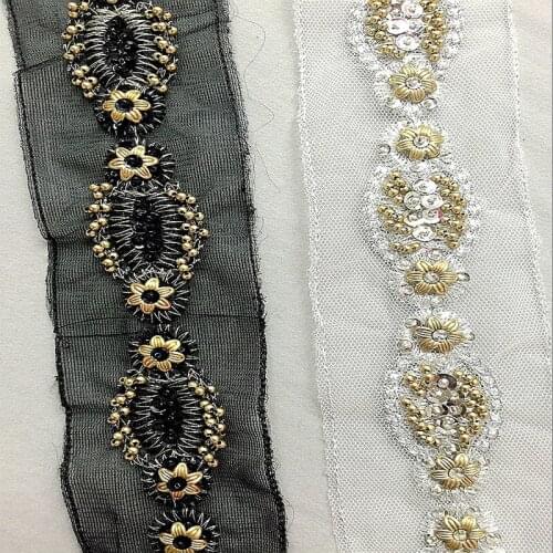 2Yards/lot Black Mesh Beaded Lace Trim Gold Pearl Sequins Beading Lace fake Collar