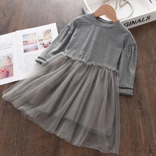 Menoea Striped Patchwork Mesh Girl Dresses Long Sleeve Cute Children Clothing Kids Girls Princess Dress Casual Clothes for 3-7Y