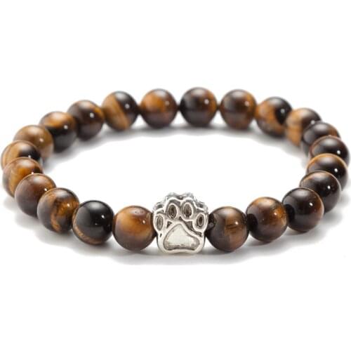 8mm Fashion Natural Stone Bead Tiger Eye Charm Mens Bracelet Dog Cat Footprint Paw Bracelet Pet Couple Jewelry Gift