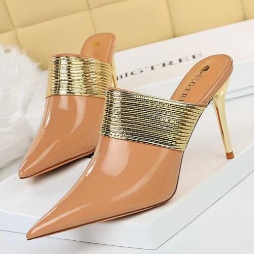 2021 Luxury Women Fetish 9cm Thin High Heels Slides Mules Designer Lady Nude Black Heels Closed Toe Slippers Outsides Prom Shoes