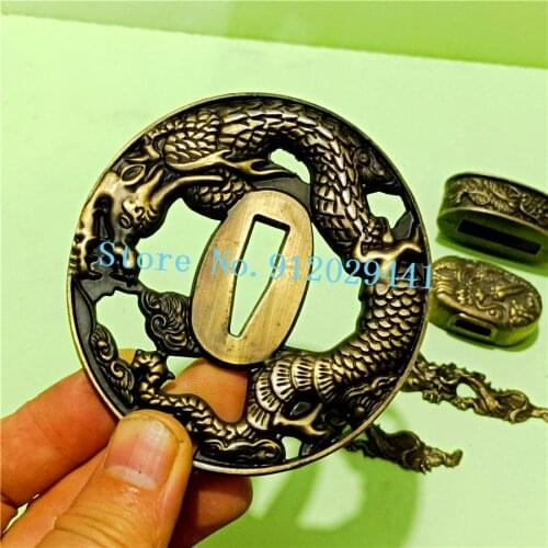 A Set Dragon Tsuba Japanese Sword Guard for Katana/Wakizashi Fittings Alloy Tsuba+Menuki+Fuchi+Kashira Handle Accessories